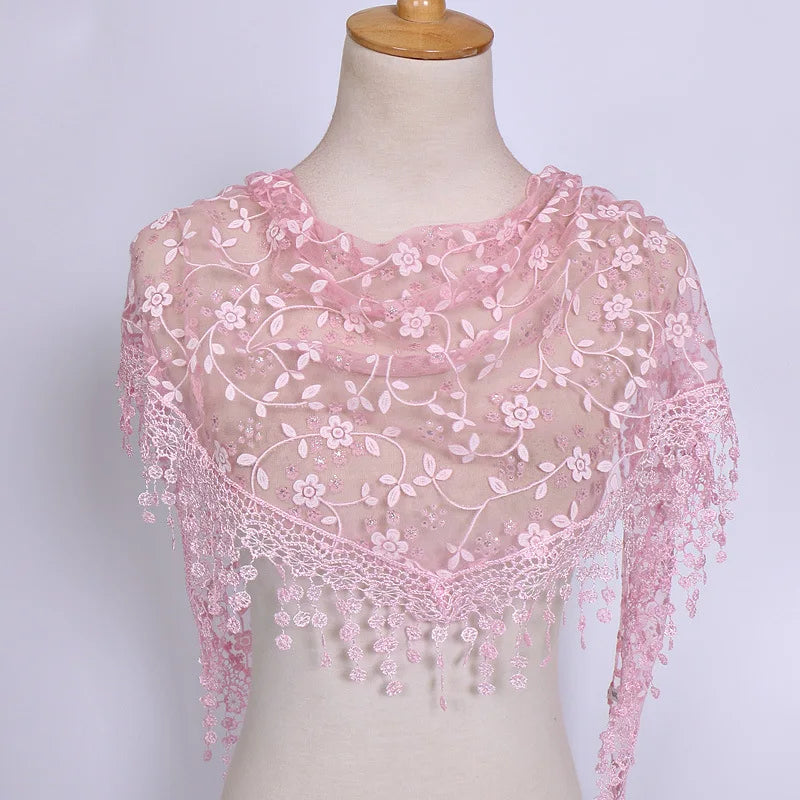 160*50cm Women Tassel Triangle Scarf for Church Prayer Shawl Embroidered Lace Veil Floral Headcovering Veils for the Church's