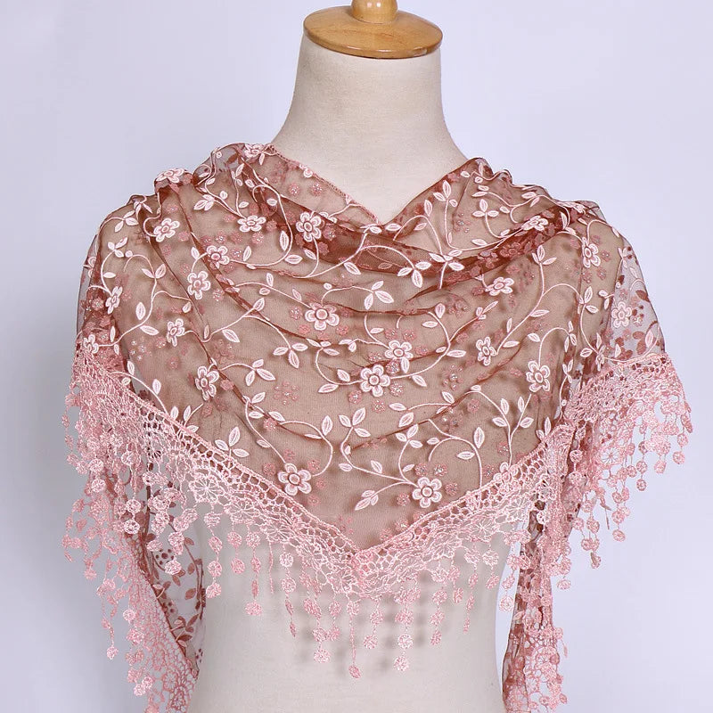 160*50cm Women Tassel Triangle Scarf for Church Prayer Shawl Embroidered Lace Veil Floral Headcovering Veils for the Church's