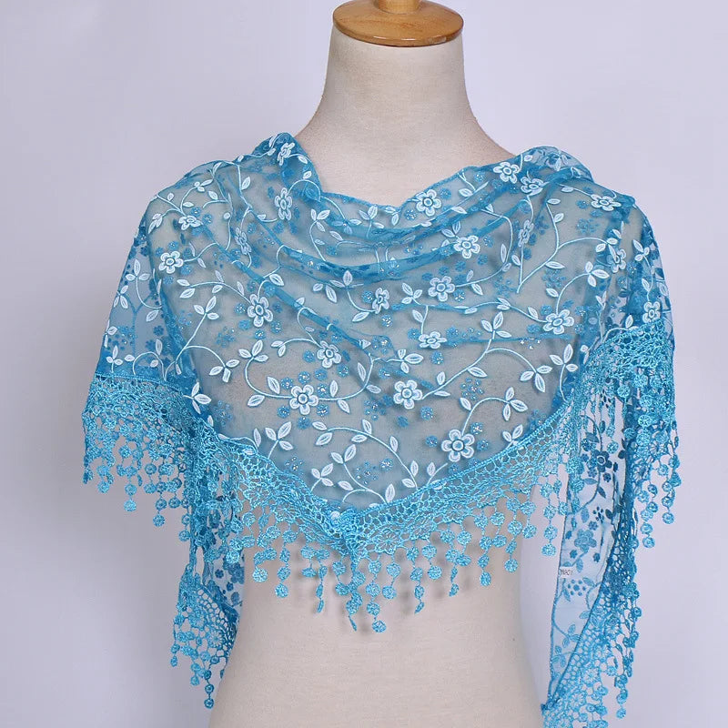 160*50cm Women Tassel Triangle Scarf for Church Prayer Shawl Embroidered Lace Veil Floral Headcovering Veils for the Church's