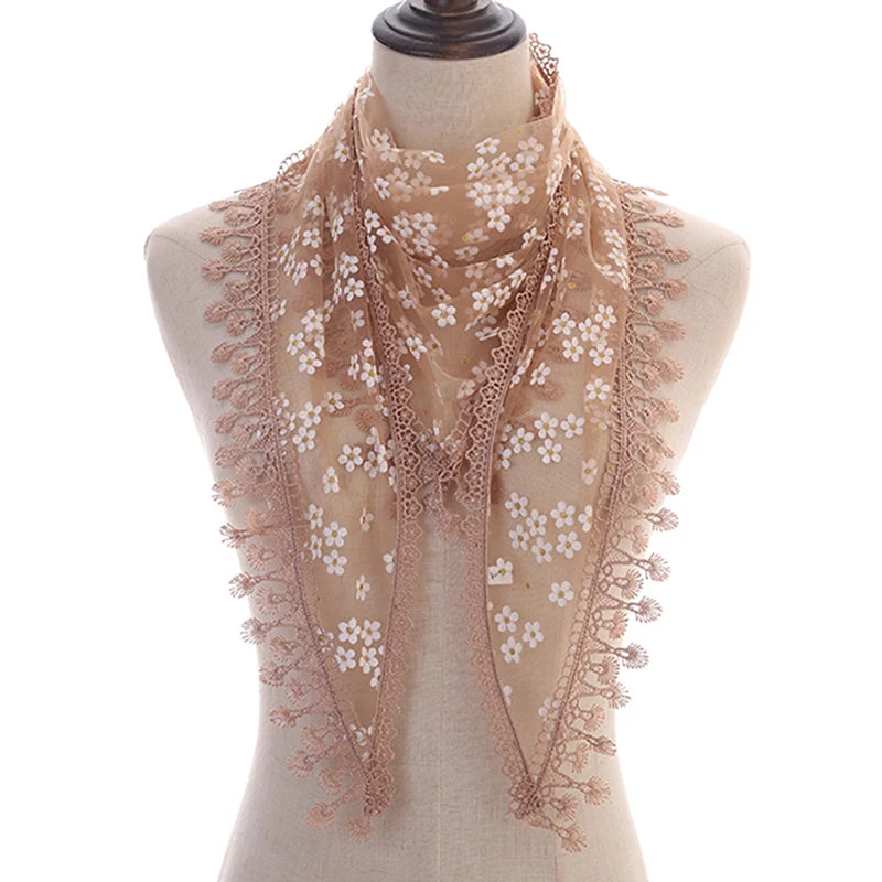 160*50cm Women Tassel Triangle Scarf for Church Prayer Shawl Embroidered Lace Veil Floral Headcovering Veils for the Church's