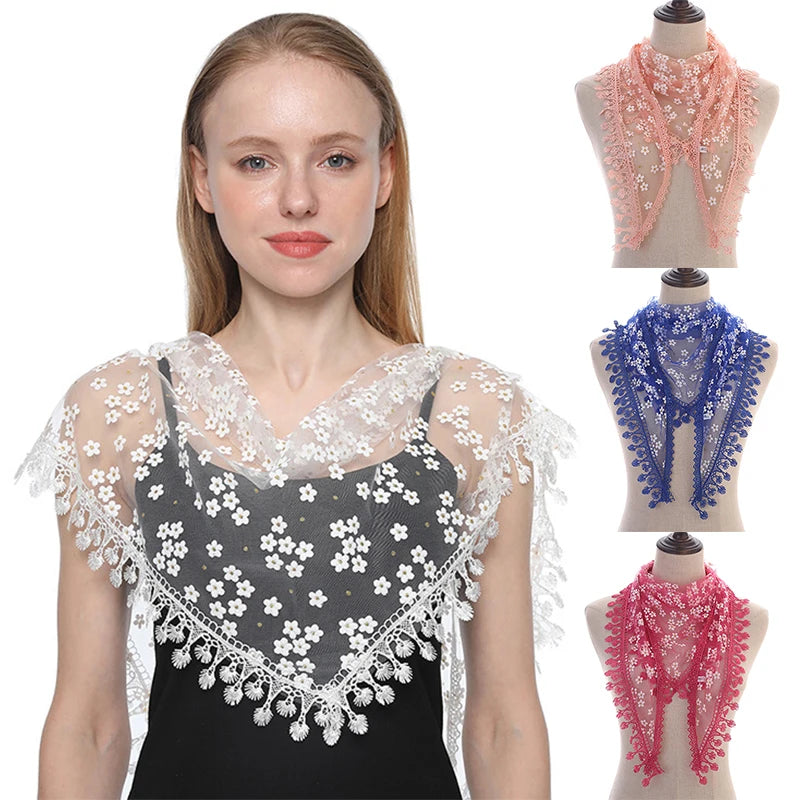 160*50cm Women Tassel Triangle Scarf for Church Prayer Shawl Embroidered Lace Veil Floral Headcovering Veils for the Church's