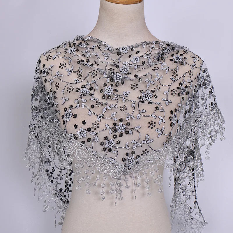 160*50cm Women Tassel Triangle Scarf for Church Prayer Shawl Embroidered Lace Veil Floral Headcovering Veils for the Church's