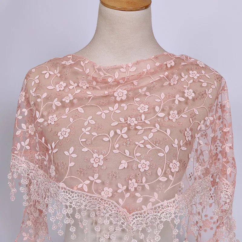 160*50cm Women Tassel Triangle Scarf for Church Prayer Shawl Embroidered Lace Veil Floral Headcovering Veils for the Church's