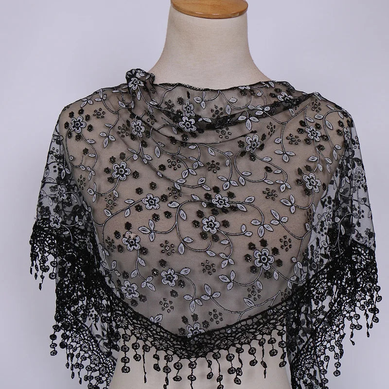 160*50cm Women Tassel Triangle Scarf for Church Prayer Shawl Embroidered Lace Veil Floral Headcovering Veils for the Church's
