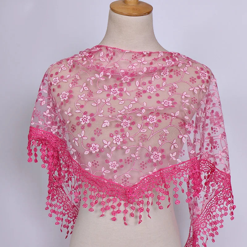 160*50cm Women Tassel Triangle Scarf for Church Prayer Shawl Embroidered Lace Veil Floral Headcovering Veils for the Church's