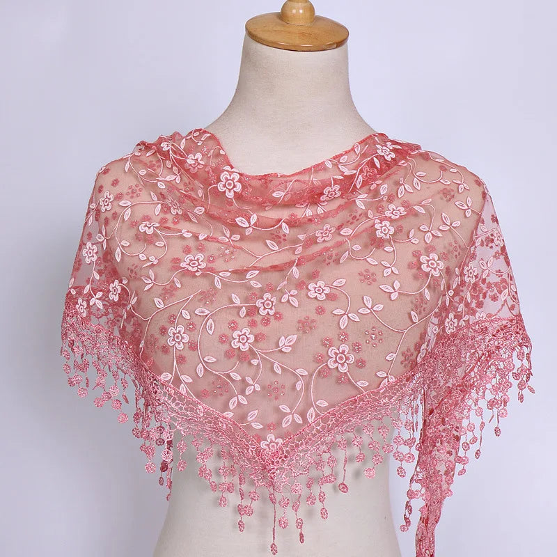 160*50cm Women Tassel Triangle Scarf for Church Prayer Shawl Embroidered Lace Veil Floral Headcovering Veils for the Church's