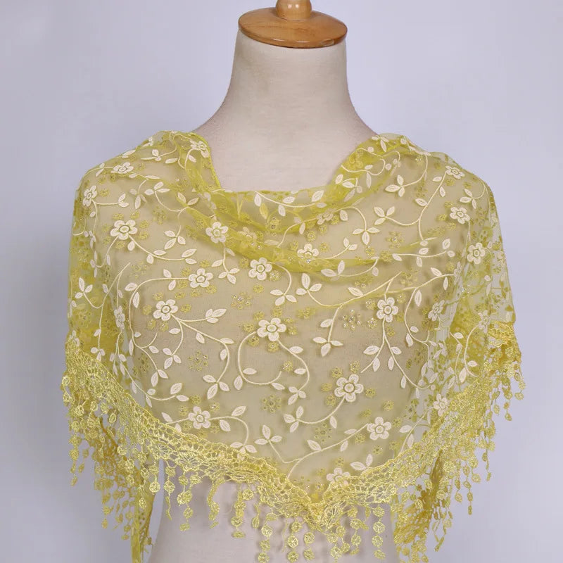 160*50cm Women Tassel Triangle Scarf for Church Prayer Shawl Embroidered Lace Veil Floral Headcovering Veils for the Church's