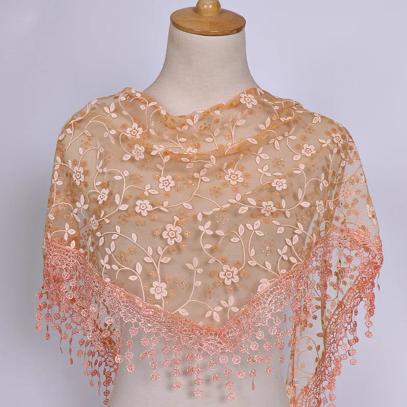 160*50cm Women Tassel Triangle Scarf for Church Prayer Shawl Embroidered Lace Veil Floral Headcovering Veils for the Church's