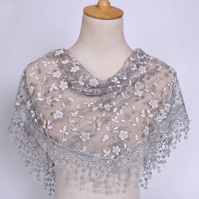 160*50cm Women Tassel Triangle Scarf for Church Prayer Shawl Embroidered Lace Veil Floral Headcovering Veils for the Church's