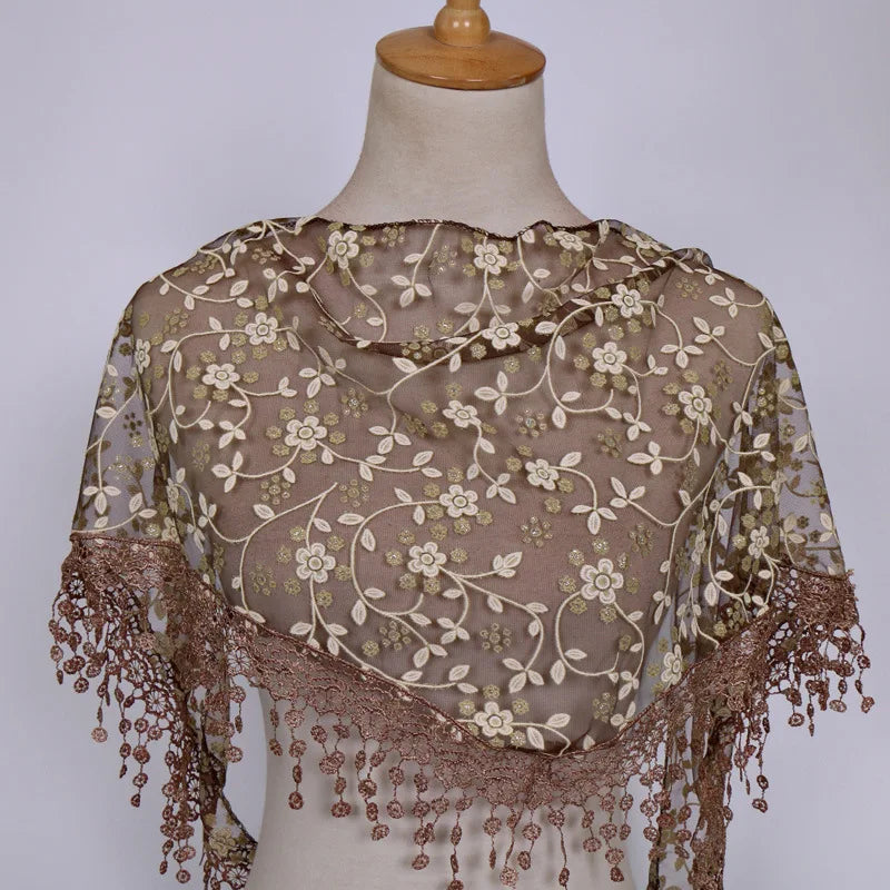 160*50cm Women Tassel Triangle Scarf for Church Prayer Shawl Embroidered Lace Veil Floral Headcovering Veils for the Church's
