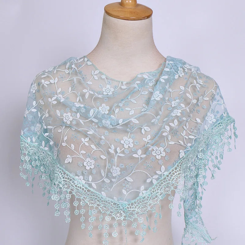 160*50cm Women Tassel Triangle Scarf for Church Prayer Shawl Embroidered Lace Veil Floral Headcovering Veils for the Church's